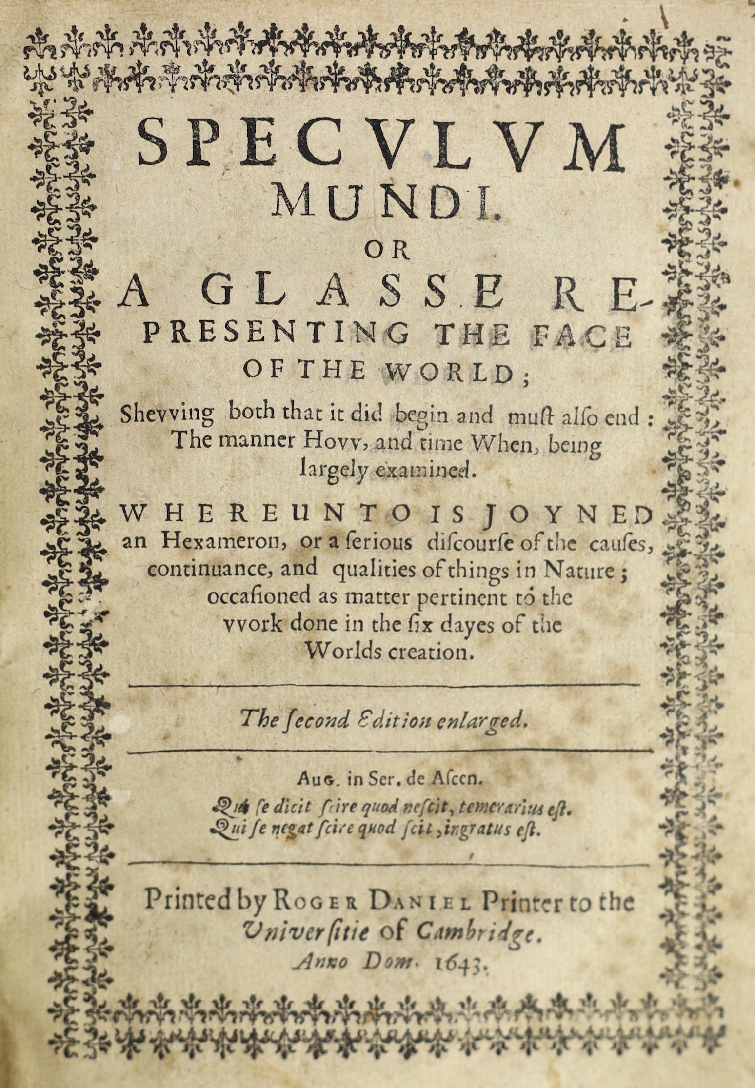 Swan, John - Speculum Munda or, a Glass Representing the Face of the World, 2nd edition, 4to, calf rebacked, facsimile title, Roger Daniel Printer, Cambridge, 1643 and Brewster, David - The Life of Sir Isaac Newton, 12mo